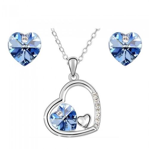 Parure Bijoux 3 Coeurs Strass Argentée Femme Couleur Bleu Clair