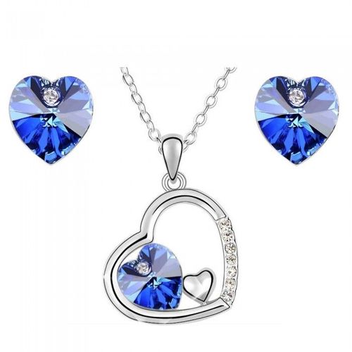 Parure Bijoux 3 Coeurs Strass Argentée Femme Couleur Bleu Roi