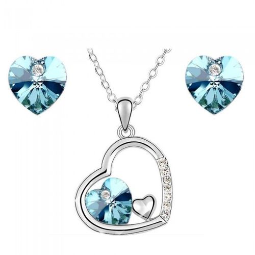 Parure Bijoux 3 Coeurs Strass Argentée Femme Couleur Bleu Turquoise