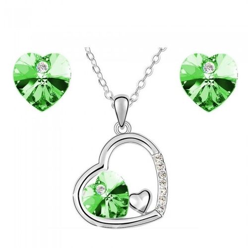 Parure Bijoux 3 Coeurs Strass Argentée Femme Couleur Vert