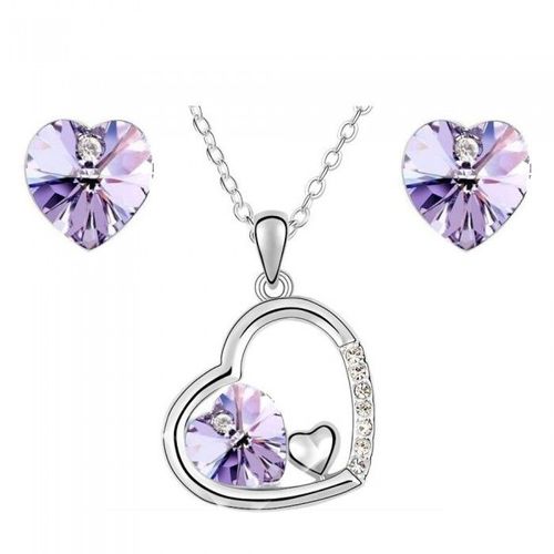 Parure Bijoux 3 Coeurs Strass Argentée Femme Couleur Mauve