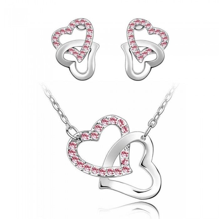 Parure Bijoux 2 Coeurs Enlacés Strass Argentée Femme Couleur Rose