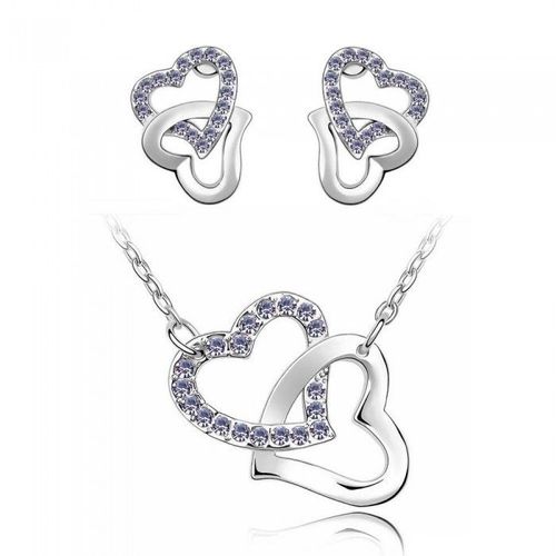 Parure Bijoux 2 Coeurs Enlacés Strass Argentée Femme Couleur Violet