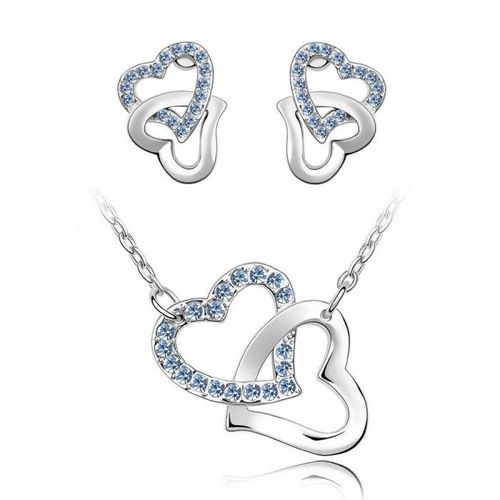 Parure Bijoux 2 Coeurs Enlacés Strass Argentée Femme Couleur Bleu
