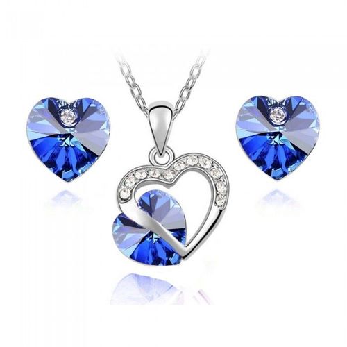 Parure Bijoux Double Coeurs Strass Argentée Femme Couleur Bleu Roi