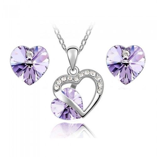 Parure Bijoux Double Coeurs Strass Argentée Femme Couleur Mauve