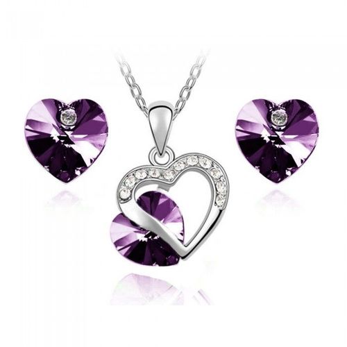 Parure Bijoux Double Coeurs Strass Argentée Femme Couleur Violet