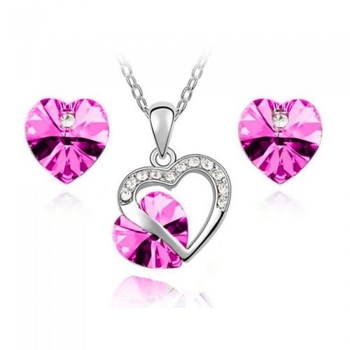 Parure Bijoux Double Coeurs Strass Argentée Femme Couleur Rose Fushia