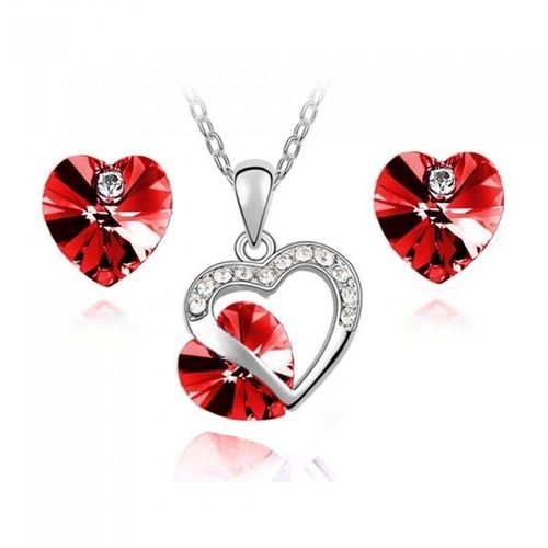 Parure Bijoux Double Coeurs Strass Argentée Femme Couleur Rouge