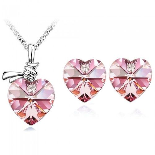 Parure Bijoux Coeur Boucles D'oreilles Clou Puce Strass Argentée Femme Couleur Rose