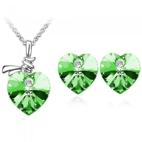 Parure Bijoux Coeur Boucles D'oreilles Clou Puce Strass Argentée Femme Couleur Vert
