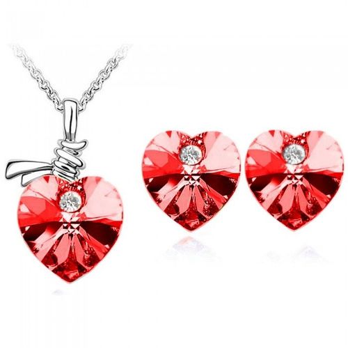 Parure Bijoux Coeur Boucles D'oreilles Clou Puce Strass Argentée Femme Couleur Rouge