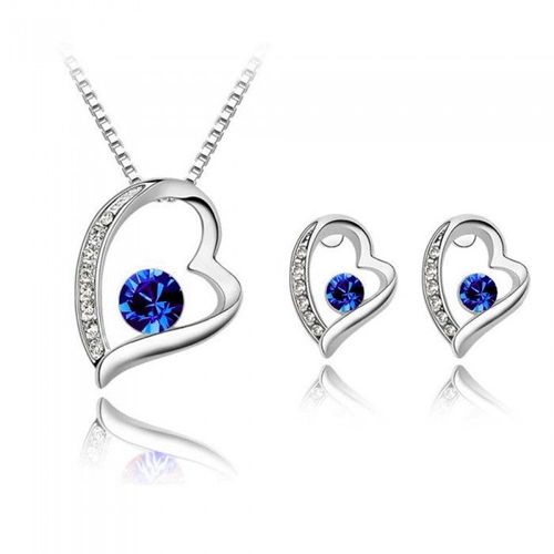 Parure Bijoux Collier CUr Avec Boucles D'oreilles Strass Argentée Femme Couleur Bleu Roi