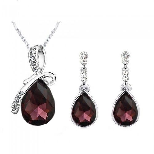 Parure Bijoux Goutte Ovale Argentée Femme Couleur Violet