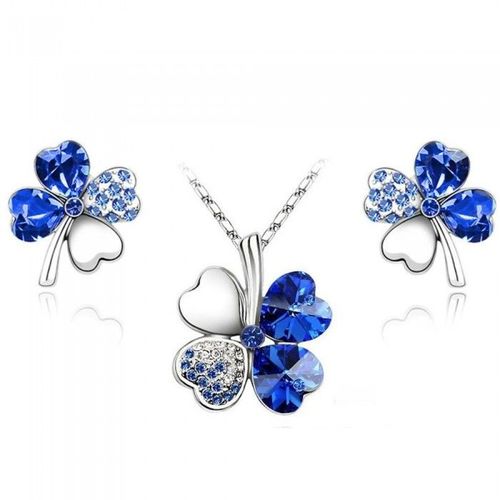 Parure Bijoux Trèfle Strass Argentée Femme Couleur Bleu Roi