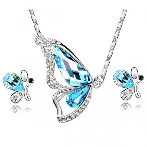 Parure Bijoux Aile De Papillon Boucles D'oreilles Puce Argentée Femme Couleur Bleu Turquoise