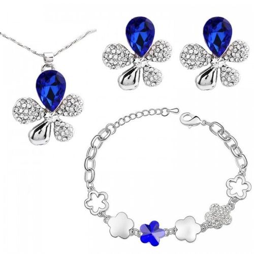 Parure Bijoux Fleur De Strass Collier Boucles D'oreilles Bracelet Argentée Femme Couleur Bleu Roi