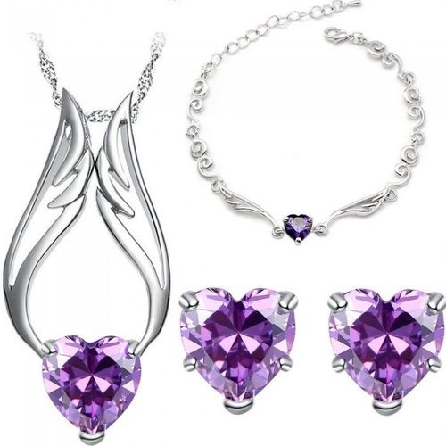 Parure Bijoux Coeur Aile D'ange Oxyde De Zirconium Collier Bracelet Boucles D'oreilles Argentée Femme Couleur Violet