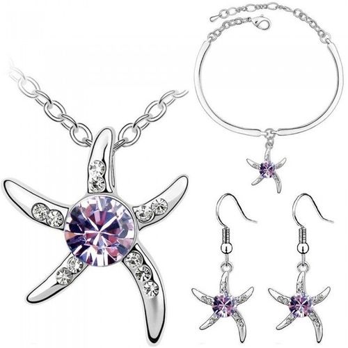 Parure Bijoux Étoile De Mer Strass Collier Bracelet Boucles D'oreilles Argentée Femme Couleur Mauve