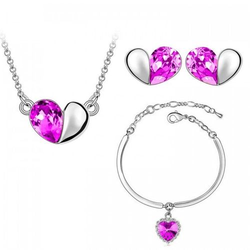Parure Bijoux 2 Coeurs Collier Bracelet Boucles D'oreilles Argentée Femme Couleur Rose Fushia