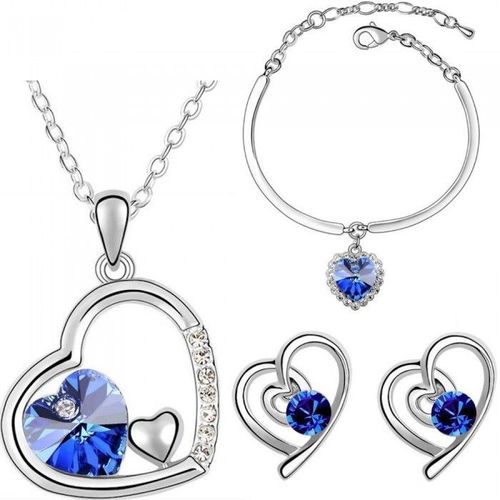 Parure Bijoux 3 Coeurs Strass Collier Bracelet Boucles D'oreilles Argentée Femme Couleur Bleu Roi