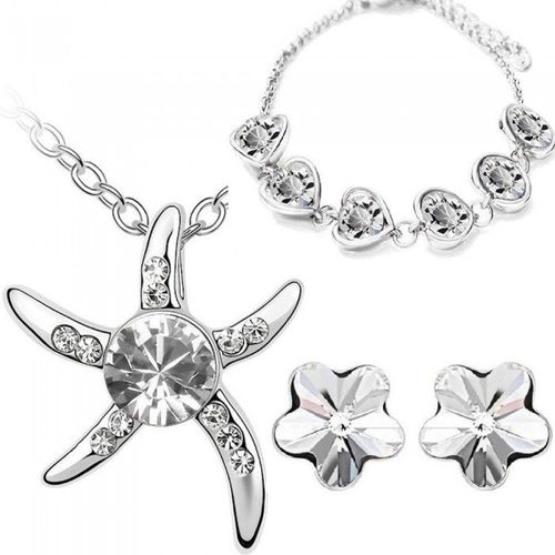 Parure Bijoux Collier Étoile De Mer Bracelet Coeur Boucles D'oreilles Fleur Argentée Femme Couleur Blanc
