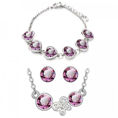 Parure Bijoux Collier Papillon Bracelet Coeur Boucles D'oreilles Strass Argentée Femme Couleur Rose
