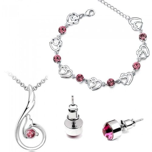 Parure Bijoux Collier Aile Bracelet 2 Coeurs Boucles D'oreilles Strass Argentée Femme Couleur Rose