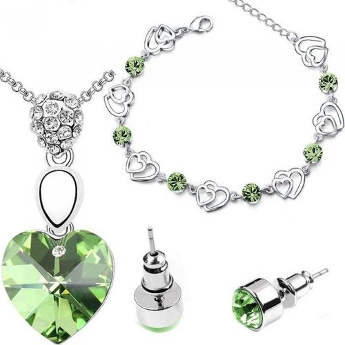 Parure Bijoux Collier Coeur Bracelet 2 Coeurs Boucles D'oreilles Strass Argentée Femme Couleur Vert