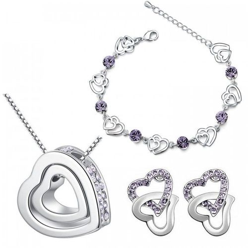 Parure Bijoux 2 Coeurs Collier Bracelet Boucles D'oreilles Strass Argentée Femme Couleur Violet