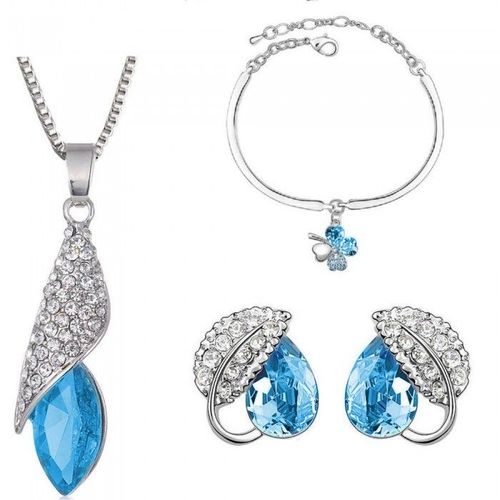 Parure Bijoux Collier Goutte Bracelet Trèfle Boucles D'oreilles Feuille Argentée Femme Couleur Bleu Turquoise