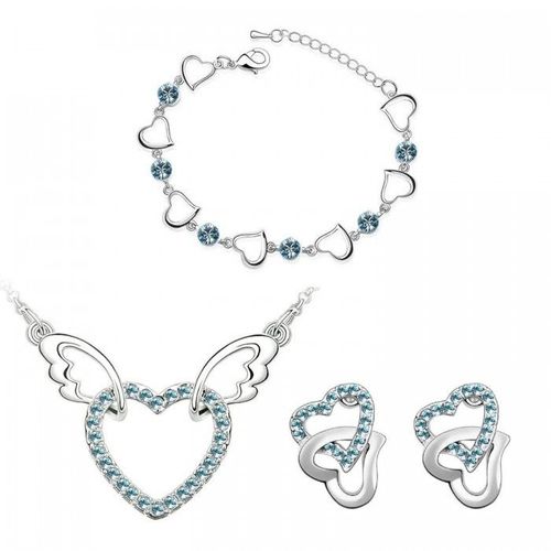 Parure Bijoux 2 Coeurs Aile D'ange Collier Bracelet Et Boucles D'oreilles Argentée Femme Couleur Bleu Turquoise