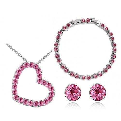 Parure Bijoux Coeur Strass Alignés Collier Bracelet Et Boucles D'oreilles Argentée Femme Couleur Rose