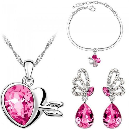 Parure Bijoux Collier Coeur Flèche Boucles D'oreilles Papillon Bracelet Trèfle Argentée Femme Couleur Rose