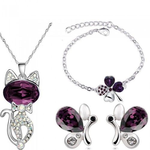 Parure Bijoux Collier Chat Boucles D'oreilles Papillon Bracelet Trèfle Argentée Femme Couleur Violet