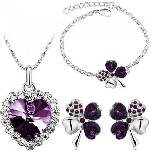 Parure Bijoux Collier Coeur De L'océan Boucles D'oreilles Et Bracelet Trèfle Argentée Femme Couleur Violet