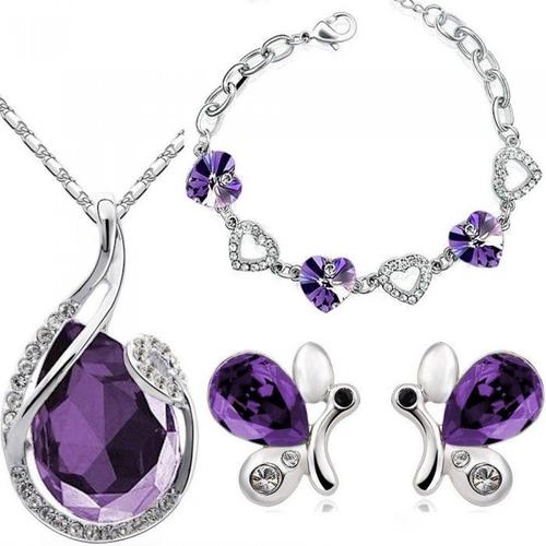 Parure Bijoux Boucles D'oreilles Papillon Collier Goutte Bracelet Coeurs Argentée Femme Couleur Violet