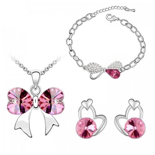 Parure Bijoux Boucles D'oreilles Collier Coeur Bracelet Noeud Argentée Femme Couleur Rose