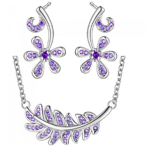Parure Bijoux Fleur De Printemps Feuille Plume Oxyde De Zirconium Argenté Femme Couleur Violet