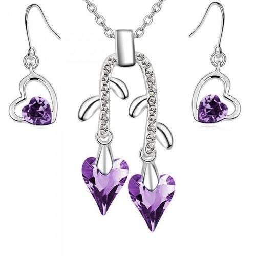 Parure Bijoux 2 Coeurs Pendants Strass Argenté Femme Couleur Violet