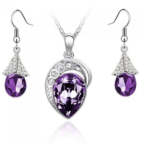 Parure Bijoux Goutte Pendante Strass Argenté Femme Couleur Violet