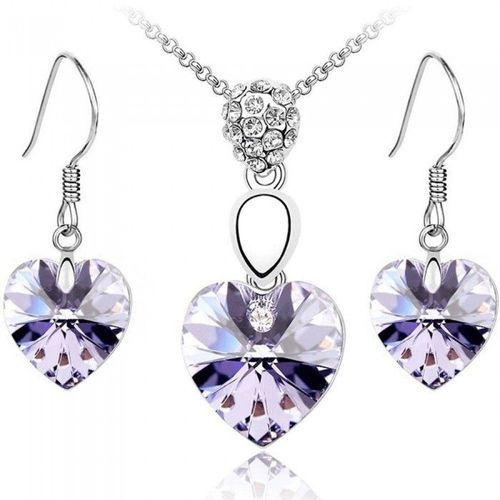 Parure Bijoux Coeur Strass Argentée Femme Couleur Mauve