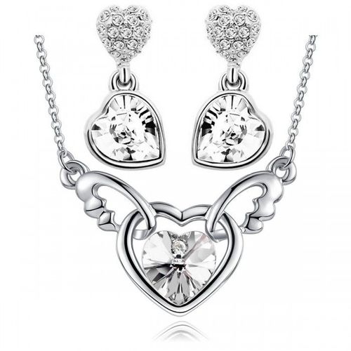Parure Bijoux Collier Coeur Aile D'ange Boucles D'oreilles Coeur Pendant Argentée Femme Couleur Blanc