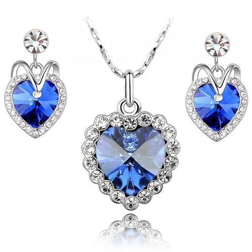 Parure Bijoux Coeur Collier Et Boucles D'oreilles Argentée Femme Couleur Bleu Roi