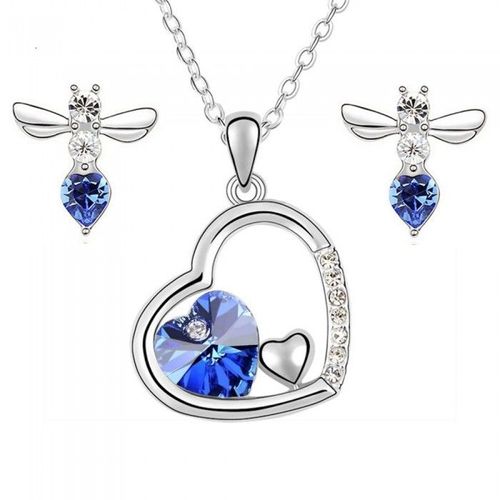 Parure Bijoux Collier 3 Coeurs Boucles D'oreilles Coeur Aile D'ange Argentée Femme Couleur Bleu Roi