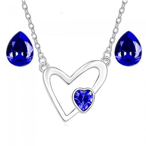 Parure Bijoux Collier Coeur Boucles D'oreilles Goutte Argentée Femme Couleur Bleu Roi