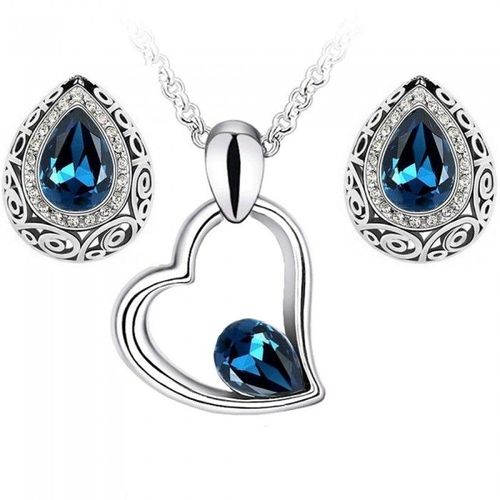 Parure Bijoux Collier Coeur Boucles D'oreilles Goutte Ciselée Argentée Femme Couleur Bleu Roi