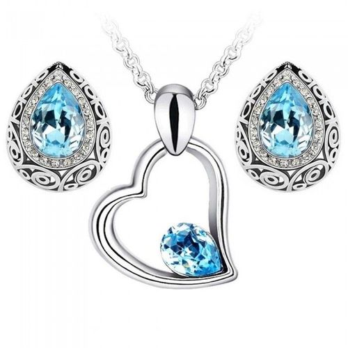 Parure Bijoux Collier Coeur Boucles D'oreilles Goutte Ciselée Argentée Femme Couleur Bleu Turquoise