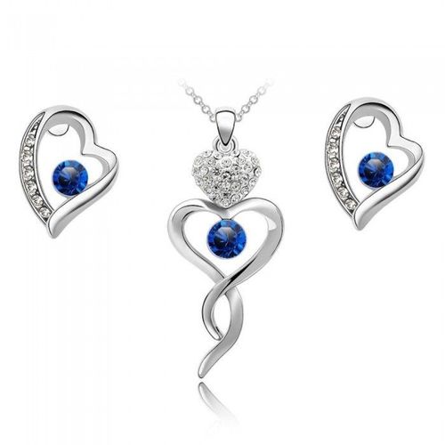 Parure Bijoux Coeur Strass Collier Boucles D'oreilles Argentée Femme Couleur Bleu Roi