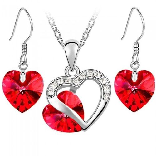 Parure Bijoux Collier Coeur Boucles D'oreilles Coeur Pendant Crochet Argentée Femme Couleur Rouge